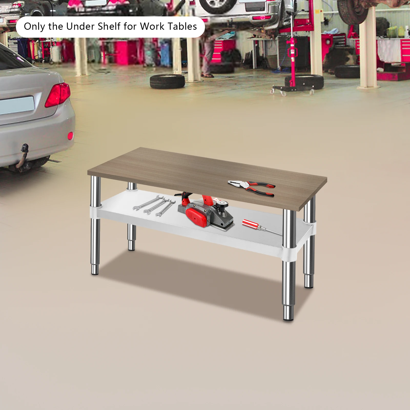 Adjustable Stainless Steel Undershelf for Workbenches & Utility Tables, 27.87x9.76in Lower Storage Shelf, 100kg/220 lbs Max Load