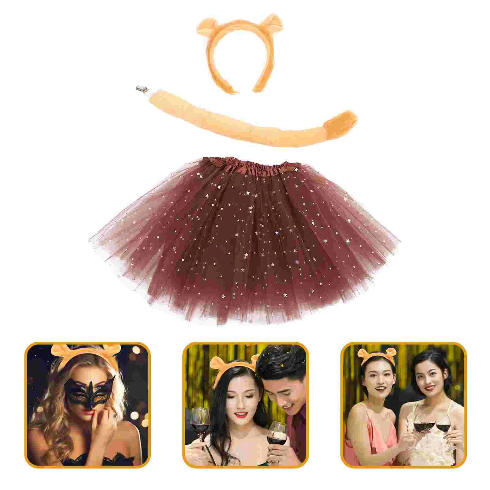 Girls Tutu Skirt Dress up Animal Ear Headband Headgear Lion with Tail Costume Props Plastic