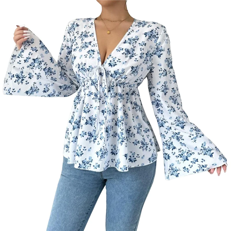

ABRT-Women's Floral Print Blouse Long Sleeve Babydoll Shirt Deep V Neck Peplum Top