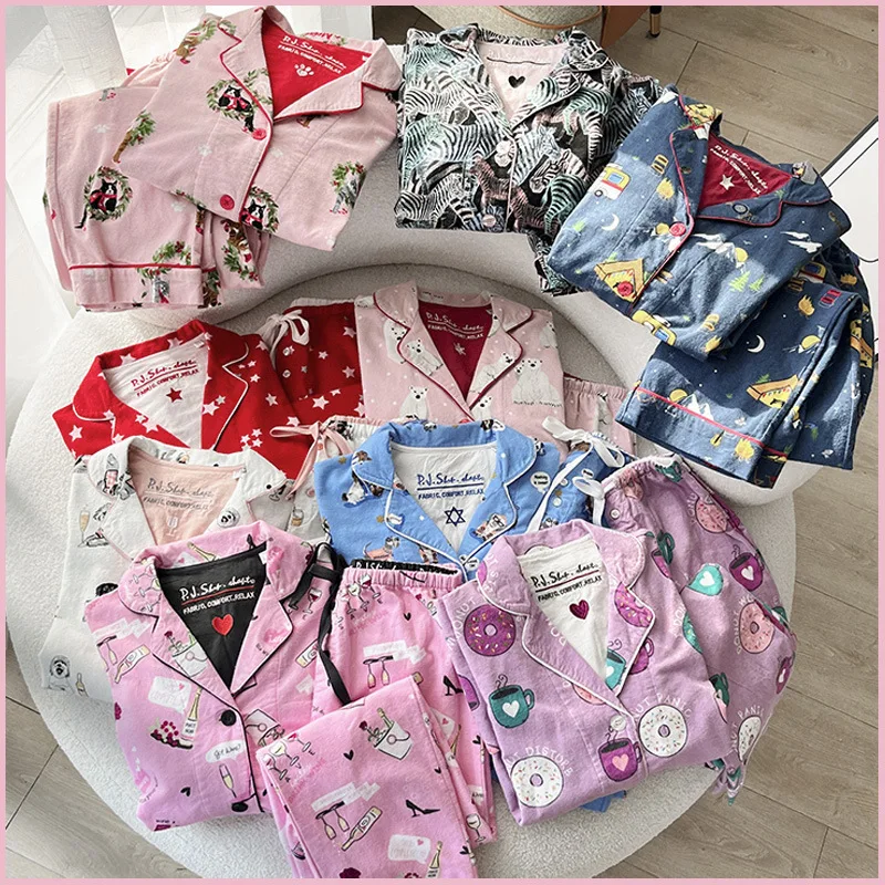 100% Cotton Matte Pajamas for Women Sleepwear Cartoon Long Sleeve Pants 2 Pieces Home Suit Loungewear Womens Outfits New