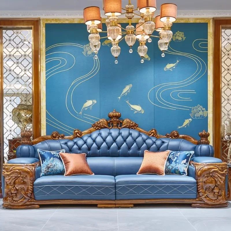 Villa ebony leather sofa, European solid wood elephant first-layer cowhide combination, large-sized carved high-end