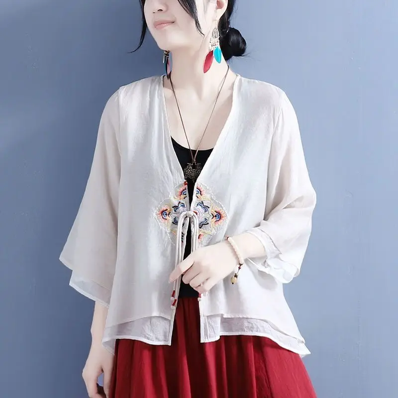 2024 Summer New Chinese Style Blouses Women's Solid Color Embroidered Button Cardigan Loose V-neck 3/4 Sleeve Retro Folk Shirts