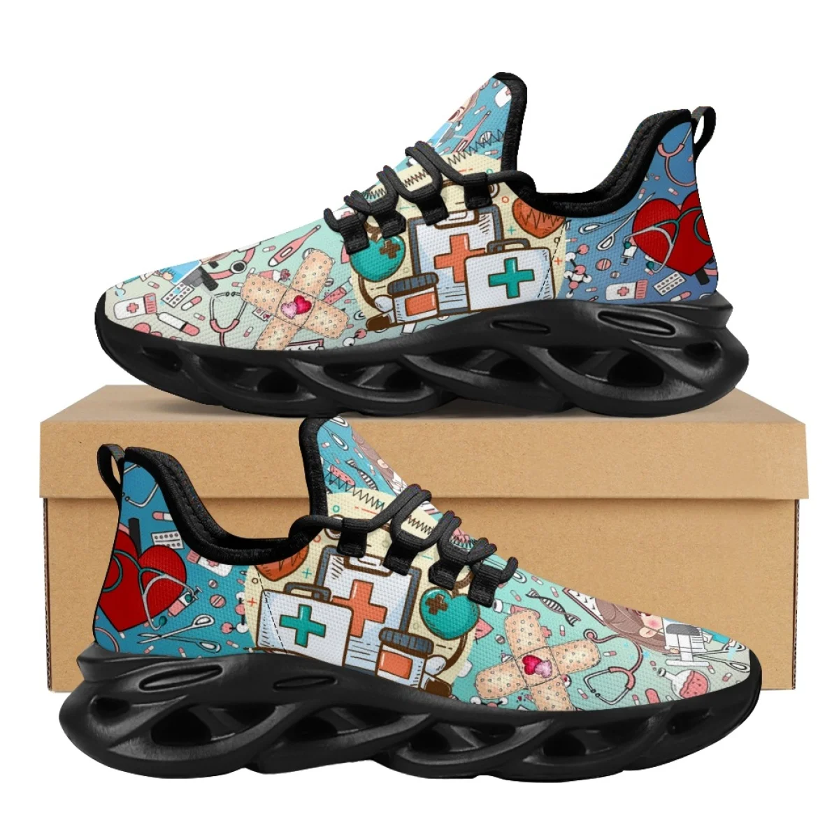 INSTANTARTS Cartoon Surgical Nurse Printing Female Casual Shoes Summer Breathable Mesh Sneakers for Women Lace up Light Zapatos