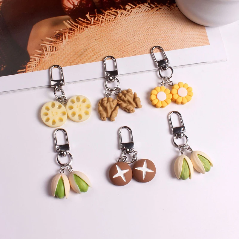 Simulation Resin Pistachio Nut Food Keychains Key Ring Creative Cute Corn Mushroom Lotus Root Pendant Bag Airpods Box Jewelry