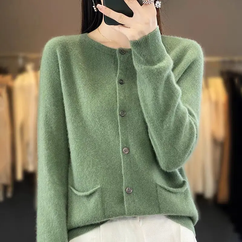 Women Clothing Solid Pocket Sweaters Autumn Winter Vintage Commute Loose Knitted Cardigan Soft Wool O-neck Tops