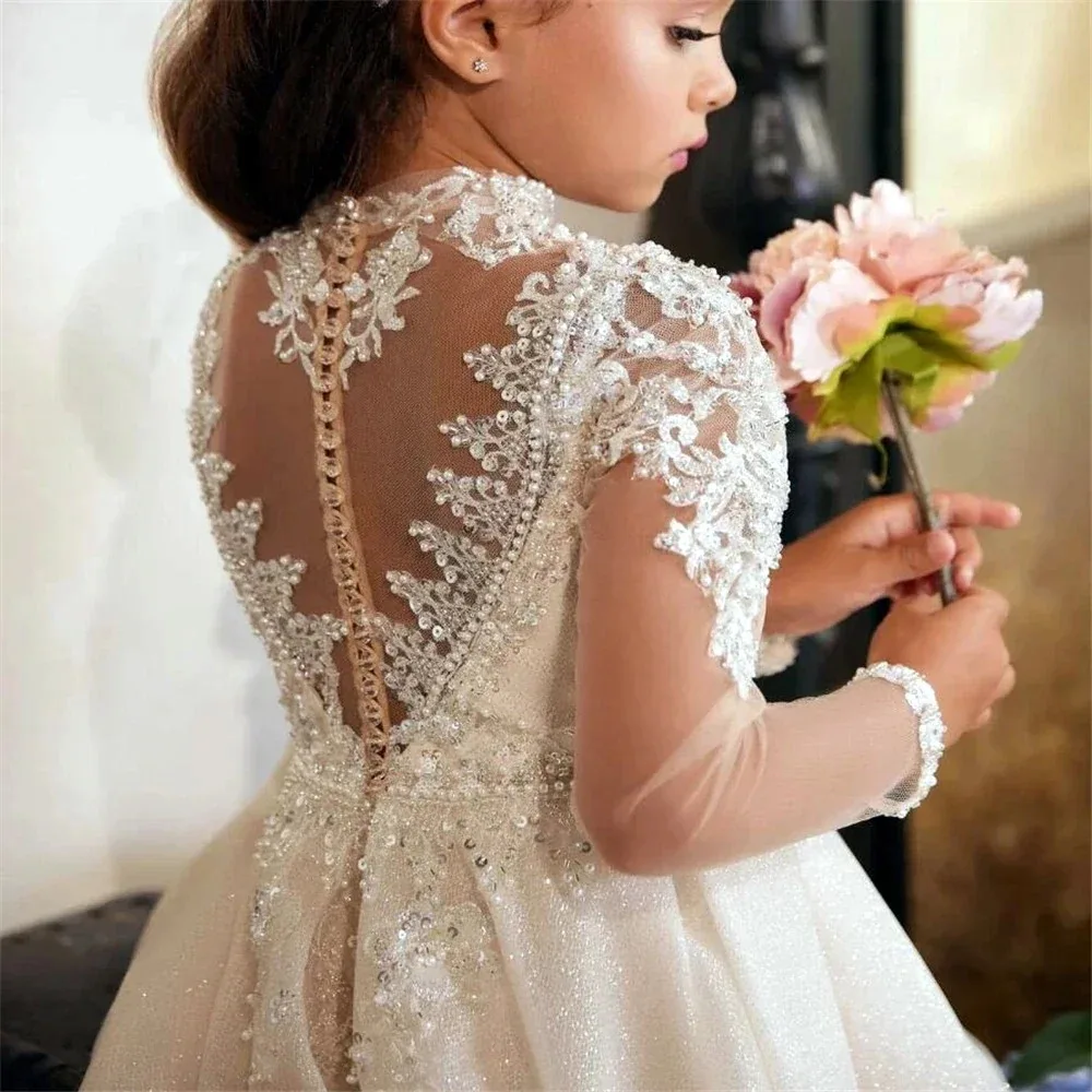 Wedding Gown First Christmas Party Dress Custom Flower Girl Dress High Neck Lace Applique Sequined Tulle Ball Gown Girls