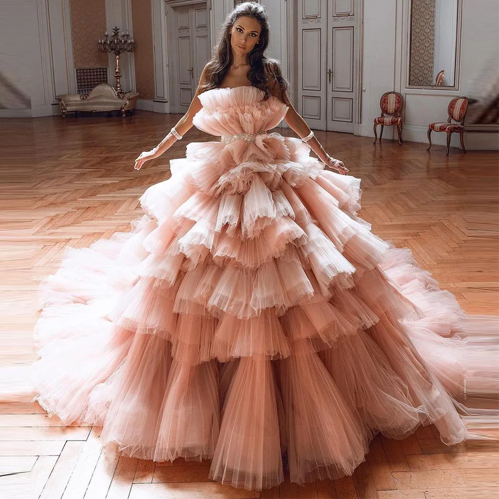 

2023 New Gorgeous Pleated Tiered Tulle Evening Dress Beading Crystal Ruffled A-Line Prom Wedding Party Gown Belt Robe De Soiree