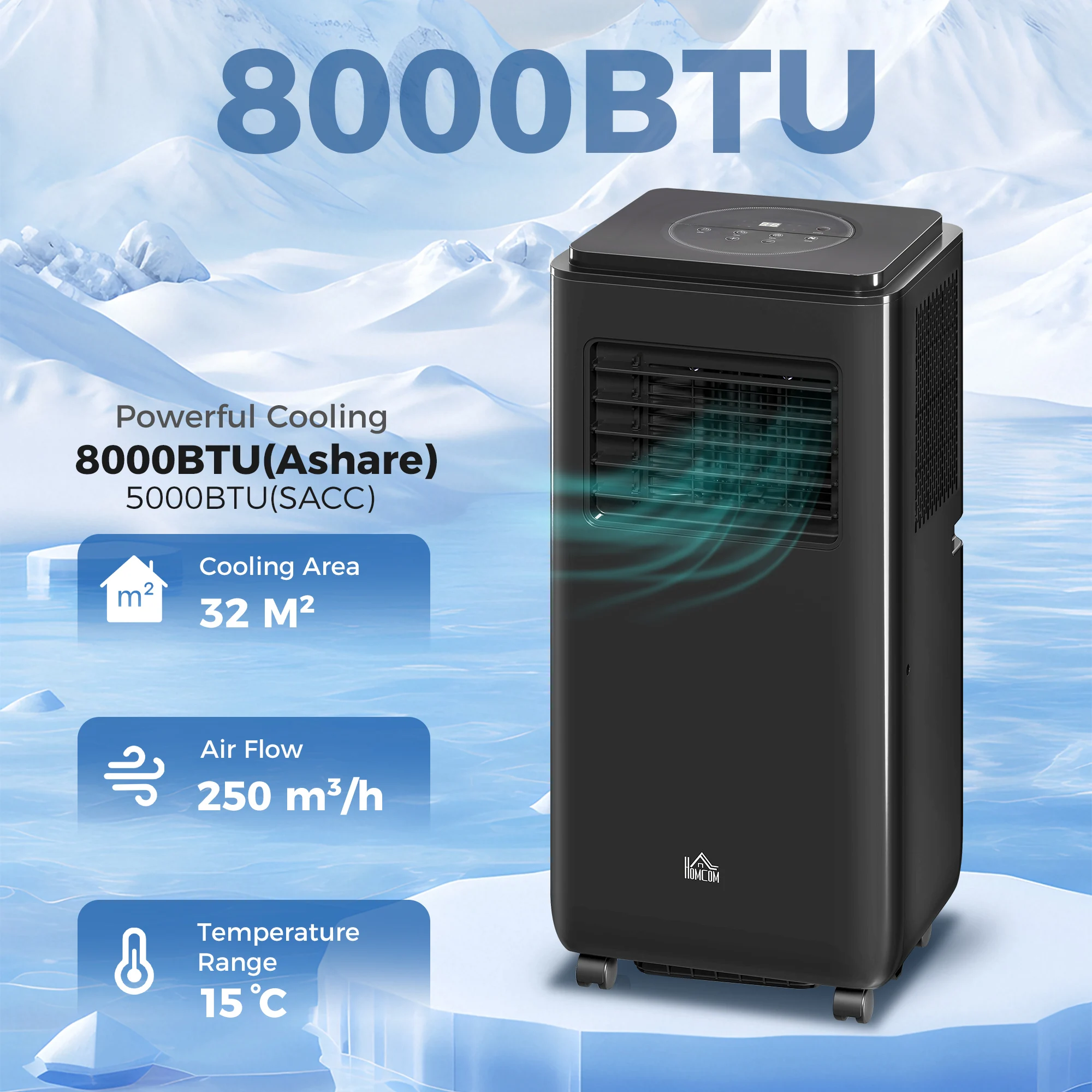 

8000 BTU Moible Air Conditioner 345 Sq. Ft., Dehumidifier Fan Auto Sleep with 24H Timer On/Off, Window Kit, Black