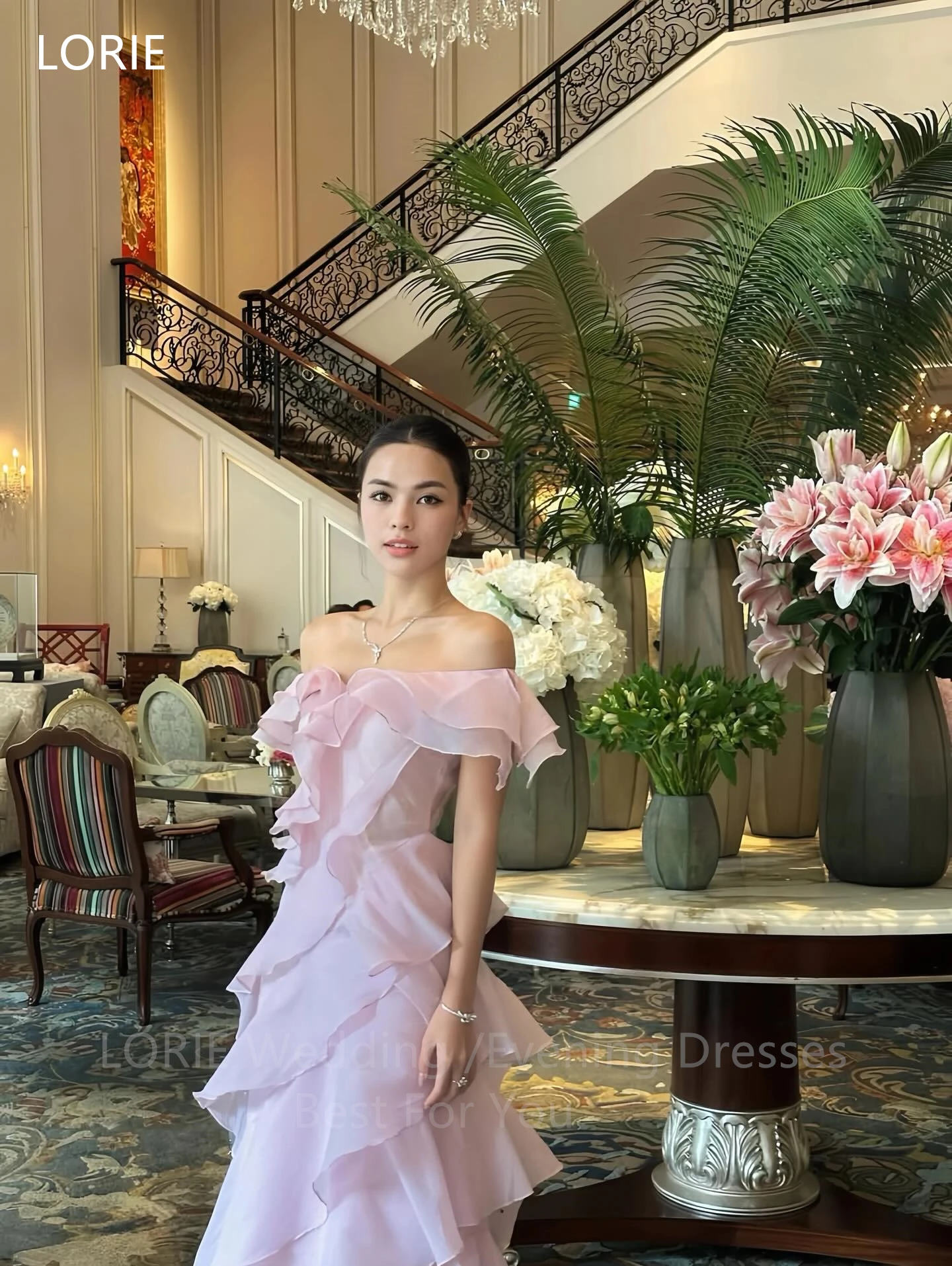 LORIE Charming Pink Organza Evening Dress Off The Shoulder Ruched Party Dresses Asymmetric Fairy Prom Gowns Customize