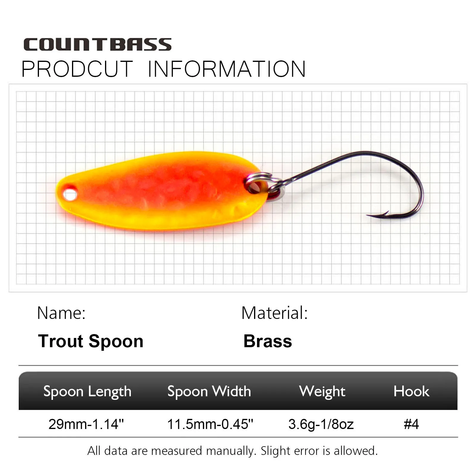 Countbass 6 PCS Brass Casting Spoon With Single Hook, Size 29x11.5mm, 3.5g  1/8oz Salmon Trout Pike Bass Fishing Lures