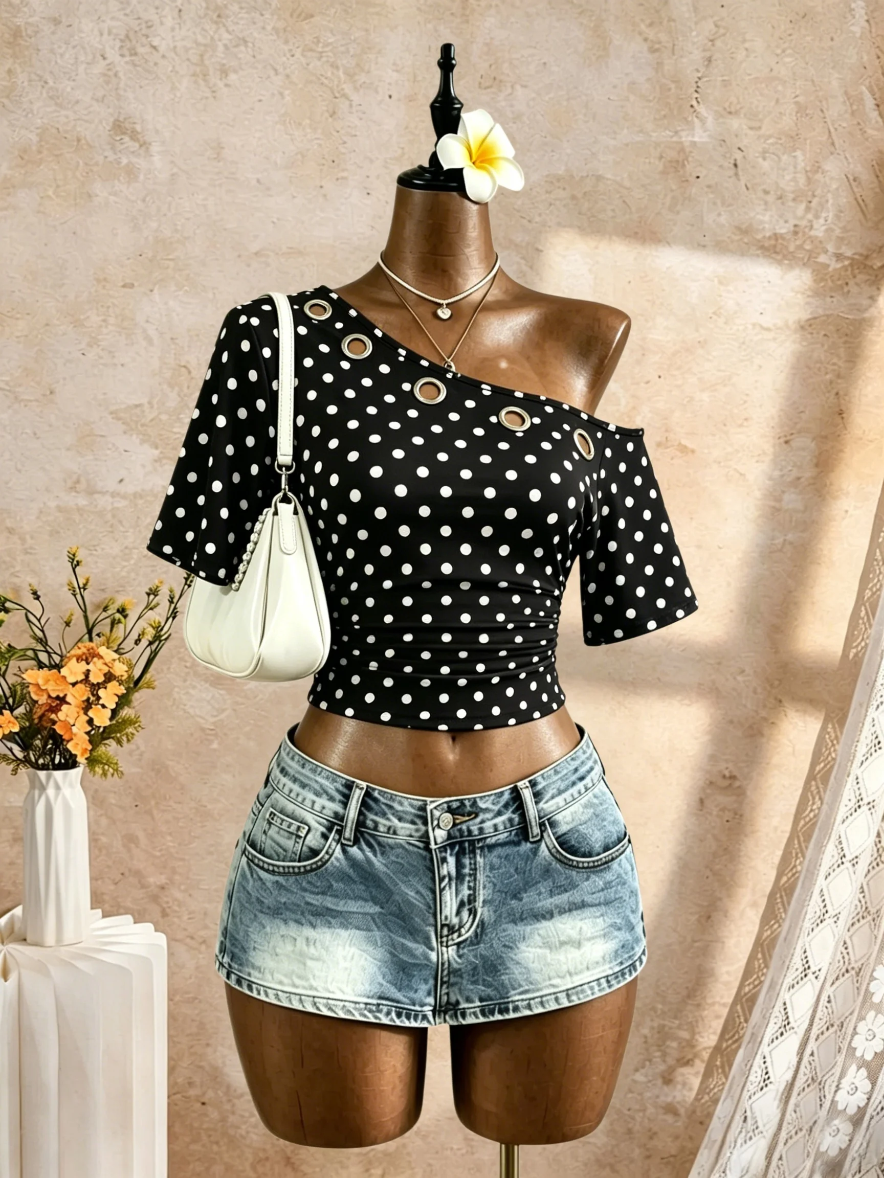 Damen One-Shoulder-Top mit Ösen, Metallring-Ausschnitt, kurzen Ärmeln, gerafftem Seitenbund, schmaler Passform, Y2K, lässig, für den Alltag, Streetwear, T-Shirts, Tops – Detail 9