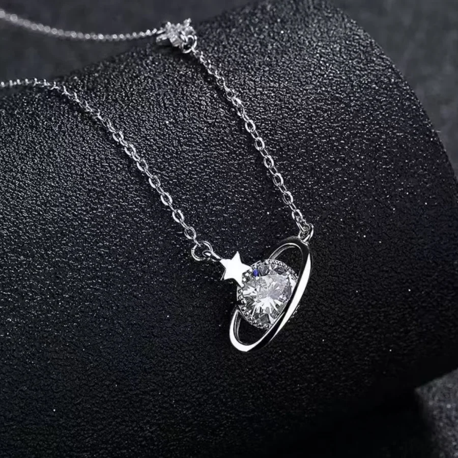 

European and American Bestseller S925 Sterling Silver Planet Necklace for Women with Zirconia Pendant Elegant Luxury Style