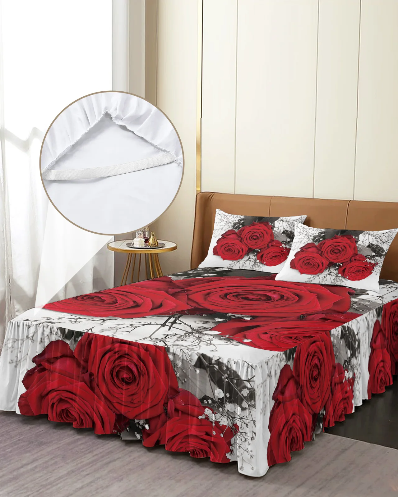 Red Rose Flower Vintage Bed Skirt Elastic Fitted Bedspread With Pillowcases Bed Protector Mattress Cover Bedding Set Bed Sheet