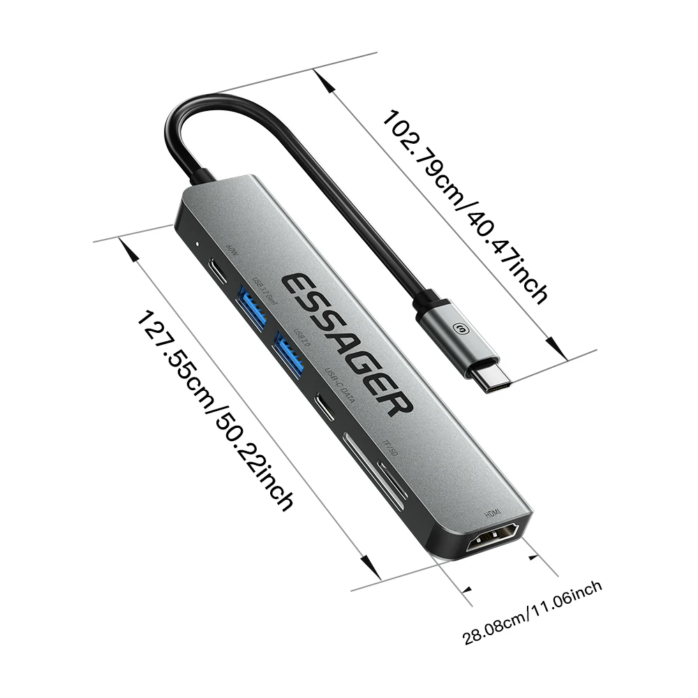 Essager 7 In 1 USB Type C Hub PD60W Fast Charging Splitter Laptop HDMI High Speed Splitter 5Gbps for PC USB 3.2 Gen1 2.0 Ports