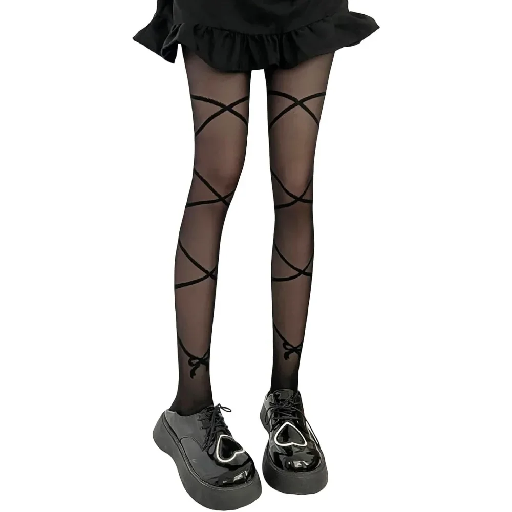 ลวดลาย Sheer Tights สําหรับผู้หญิง Gothic Punk ต้นขาสูง Pantyhose Harajuku Lolita ผ้าพันคอ Fishnet ถุงน่อง