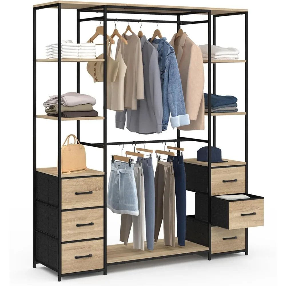 - Dressing Double penderie + Double Colonne L. 140 cm Utah avec 6 étagères et 6 bacs en Tissu Bois et Noir