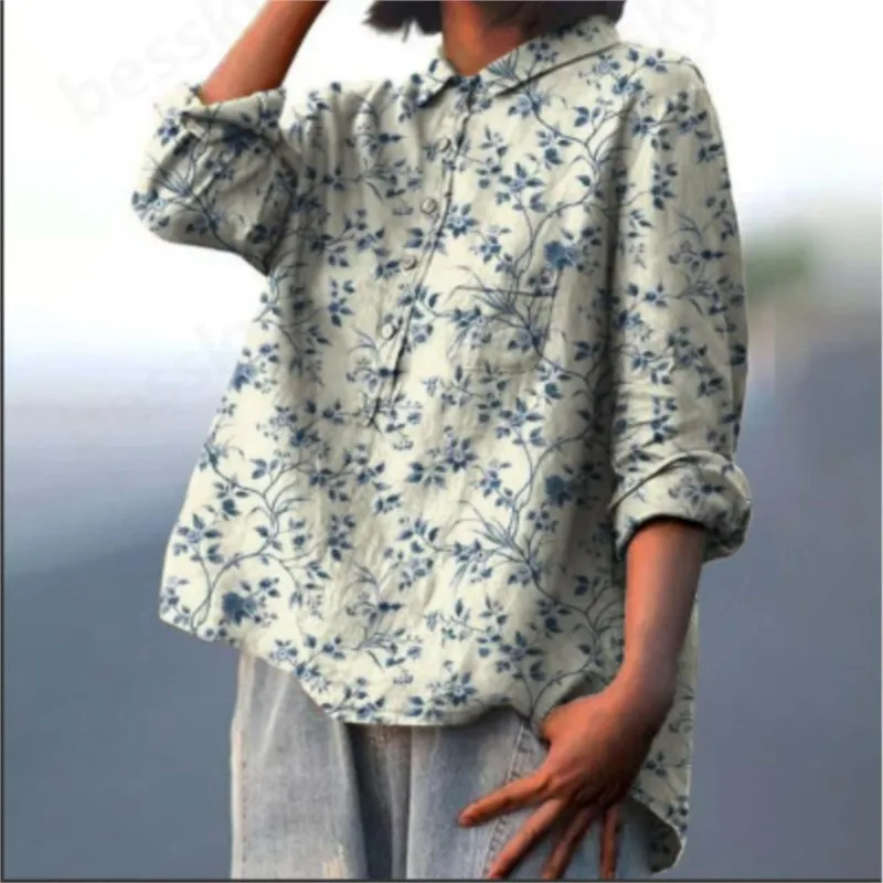 Women Flower Pattern Printed Linen Shirt Top 2024 Spring Autumn Lapel Neck Casaul Long Sleeve Blouse Street Fashion Dressing