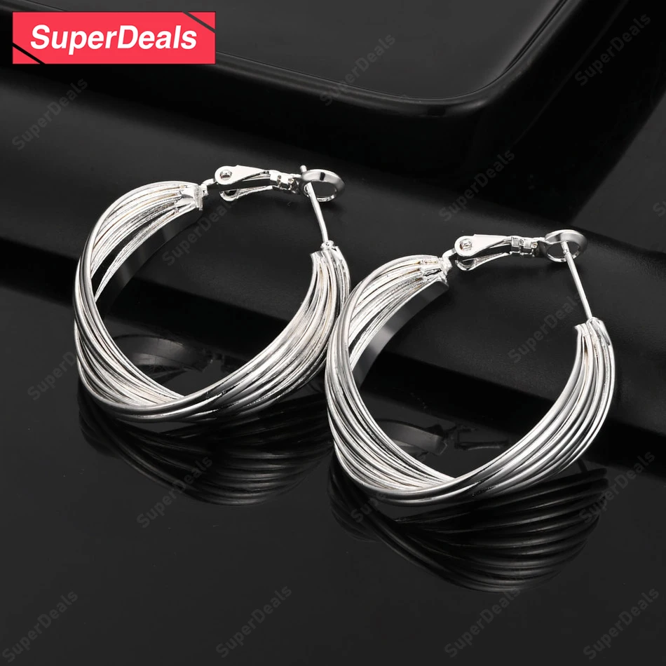 

SuperDeals 925 Sterling Silver Multi-line Hoop Earrings Fine Jewelry Engagement Party Wedding Gift Women's Christmas Accessories