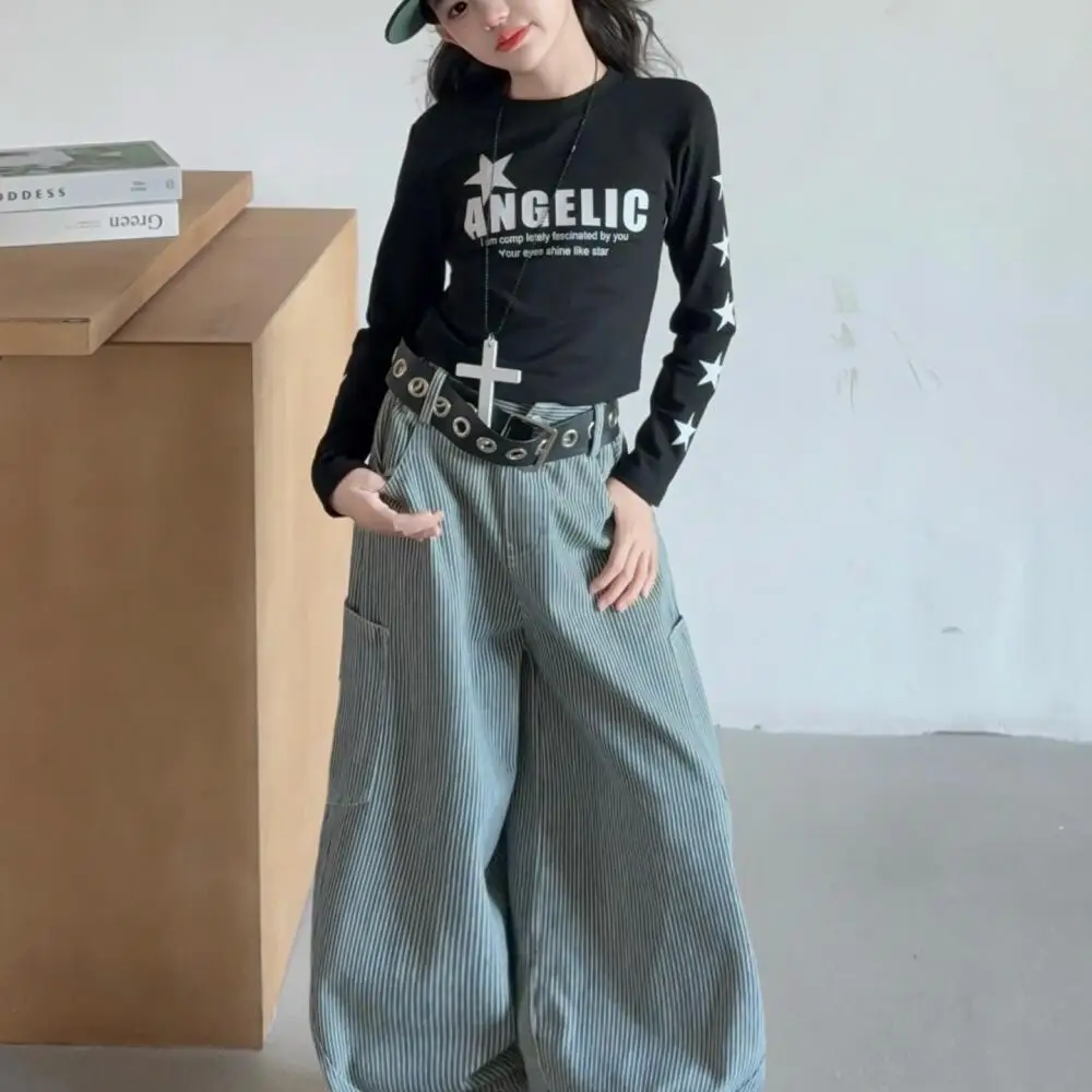 

Kawaii Girl Fashion T-Shirt Tops Jeans Set Student Autumn Casual Bottom Layer Shirt Wide-Leg Pants 2-Piece Set Children Clothing
