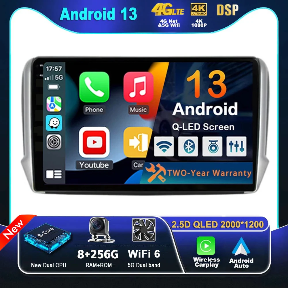 

Android 13 For Peugeot 2008 208 Series 2012-2018 Car Multimedia Navigation GPS Carplay Radio DVD 2din Stereo autoraido QLED DSP