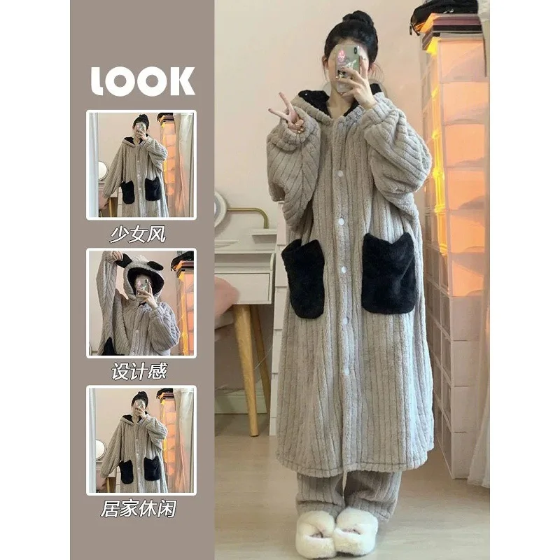 

coral fleece robe Women's winter sweet thicken new model long style nightdress flannel pajamas Wearable as outerwear homewear