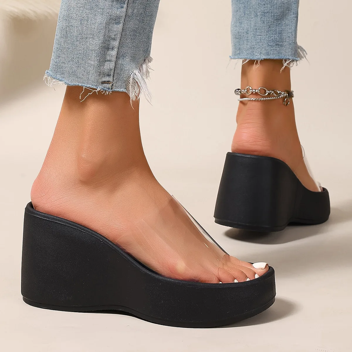 Comemore Retro Women's Thick Bottom Slippers Summer Shoes for Women Casual Outside Wear PVC Transparent Black Wedges Sandals view 3