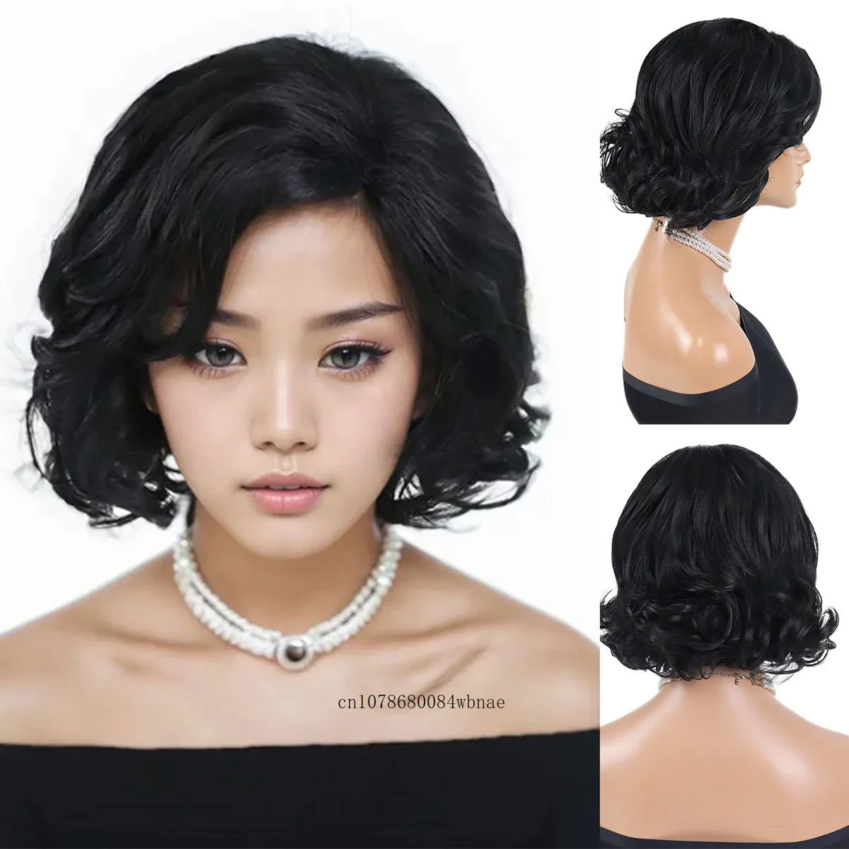 Natural Synthetic Hair Wig for Women Lady Short Wavy Curly Black Wigs with Bangs Heat Resistant Daily Costume Party Mommy Wig