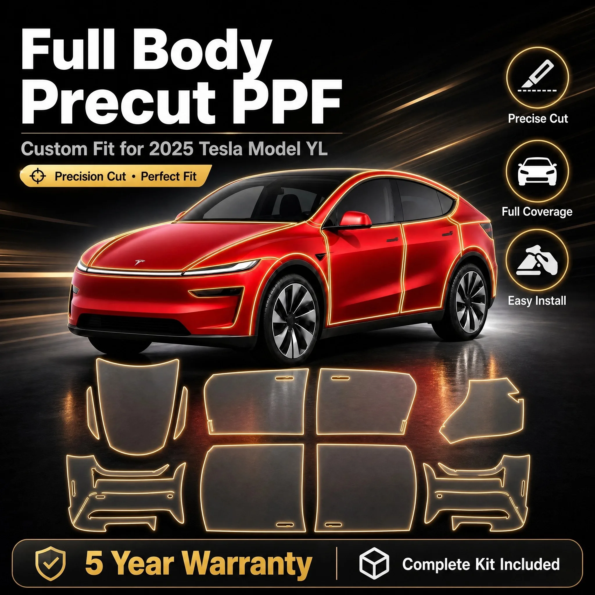 Vorgeschnittene PPF-Folie für Tesla Model YL 2025, 7,5 Mil TPU-Lackschutzfolie, Komplettset, transparente, unsichtbare, kratzfeste Schutzfolie