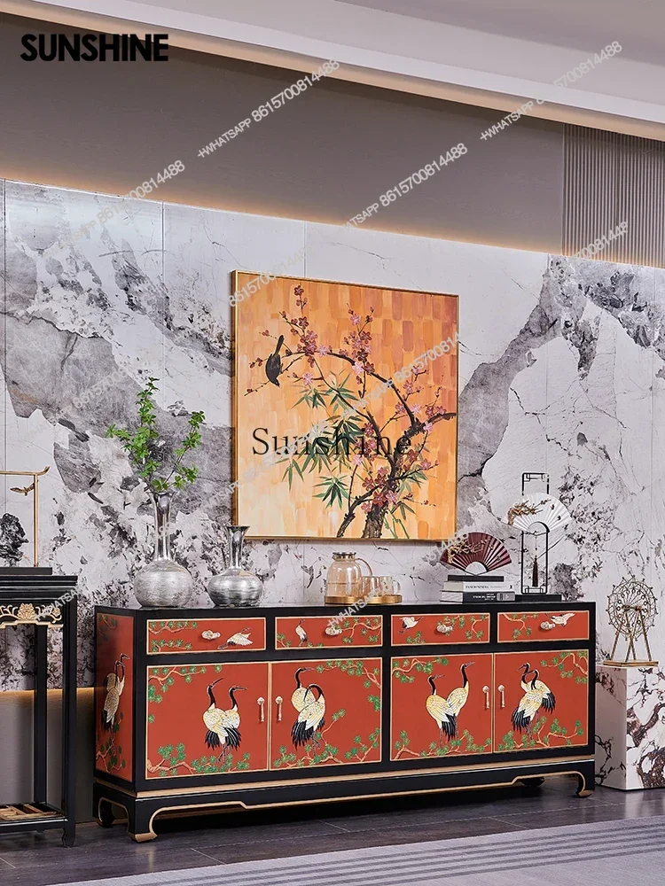 

Painted new Chinese-style floor-to-ceiling solid wood storage integrated TV cabinet entrance side cabinetX