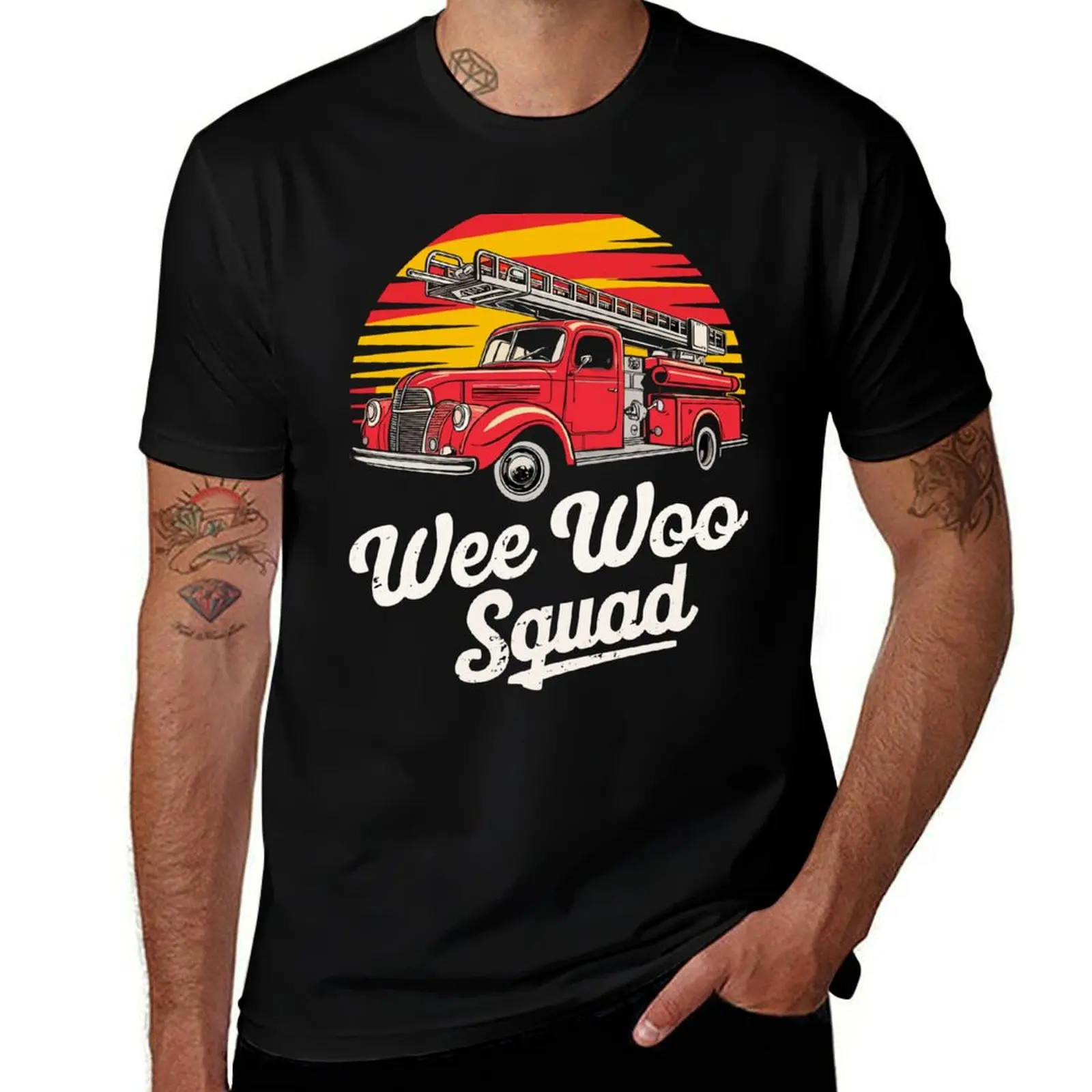 

Vintage Wee Woo Squad Fire Truck Firefighter Emergency T-Shirt Simple Line Art Print Tee