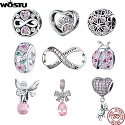 WOSTU 100% 925 Sterling Silver Pink Zircon Crystal Beads Hollow-carved Charm for Making Jewelry Fit Original Bracelet Pendant
