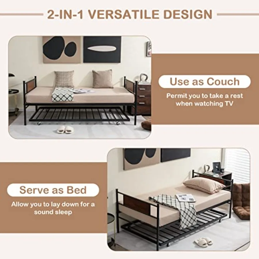 طقم سرير نهاري مزدوج من GOFLAME وسرير نهاري معدني مع دولاب مع 4 شرائح فولاذية مدمجة تدعم توفير المساحة متعدد الوظائف #3