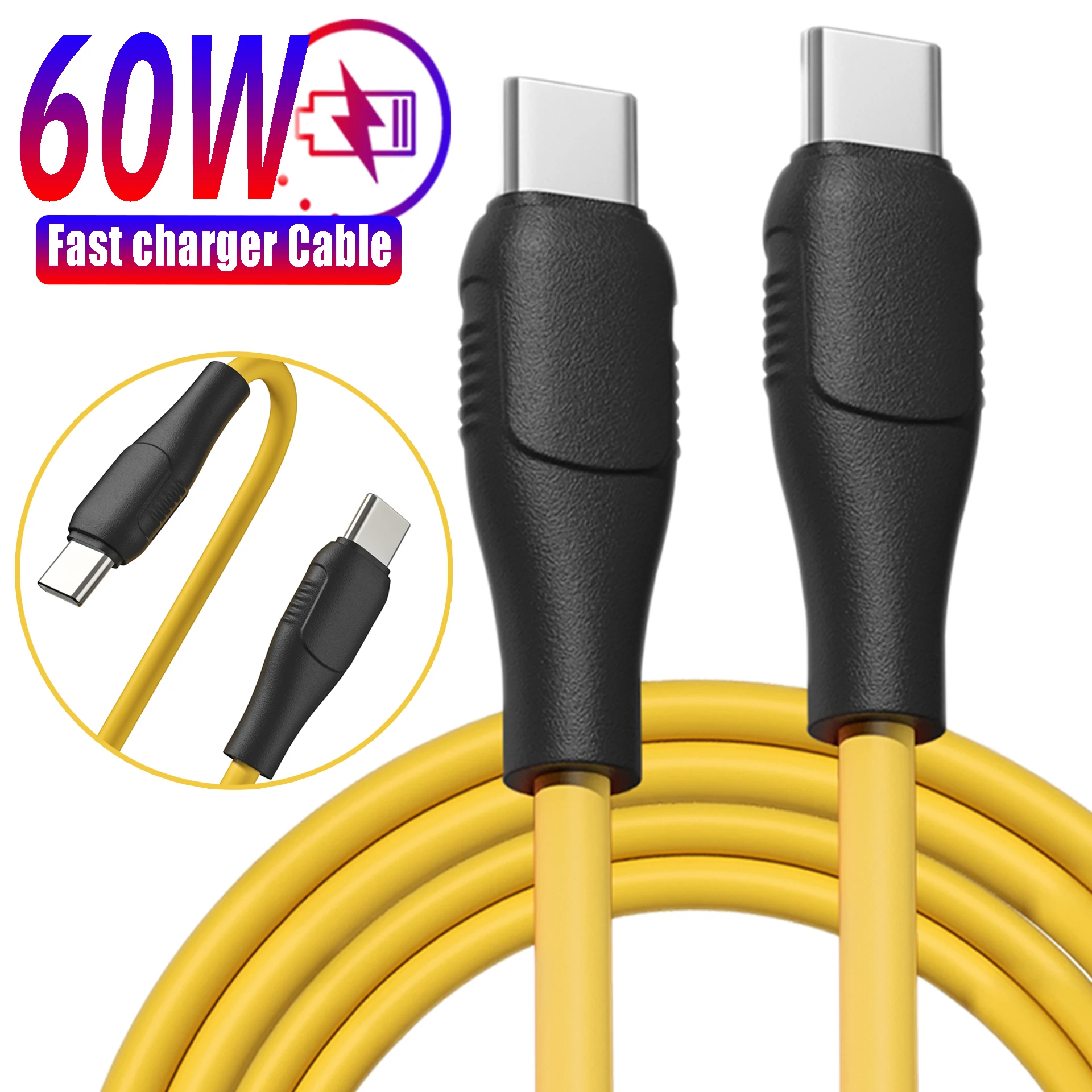 60W Typ C Żółty Kabel USB C Szybkie ładowanie Przewód do ładowania Kable do telefonów komórkowych Macbook IPad Samsung Xiaomi Huawei Redmi