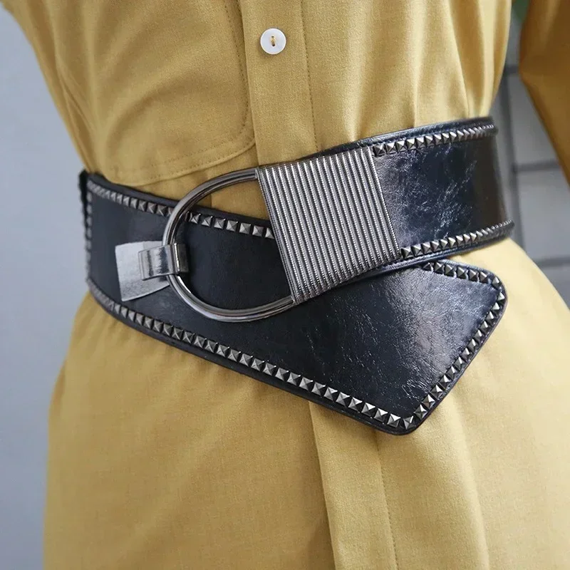 Fashion High Quality Ladies Rivet Wide Belt Coat Dress Decorated Waist Elastic Punk Girdle Belts for Women Luxury Designer Brand