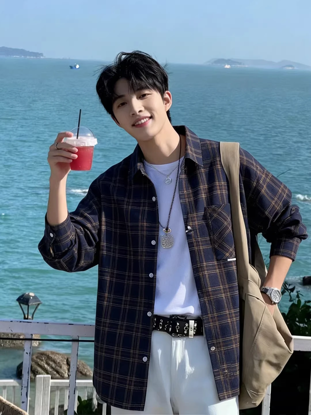 Blue Brown Plaid Long Sleeve Shirt Spring Clean Cut Men's American Retro College Style Jacket Coat Standard Fit Button up