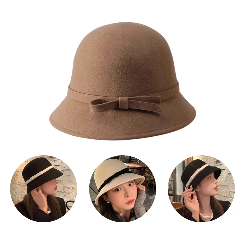 Autumn Winter French Bow Bucket Hat Women Sweet Felt Hat With Folded Shape