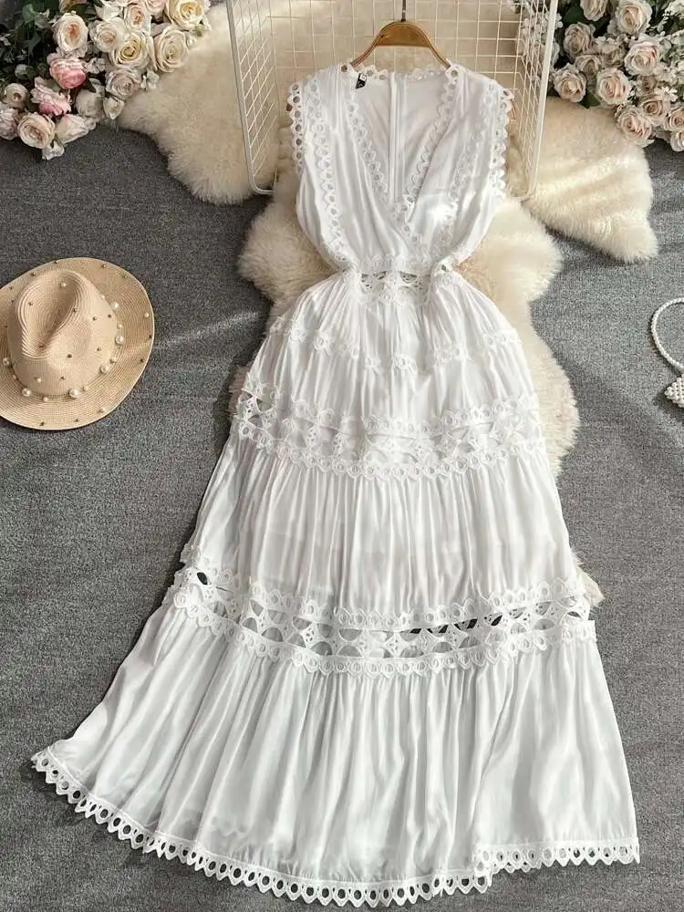 JAMERARY Designer New Summer Holiday White Embroidery Cotton Long Dress Women Sleeveless Midi Prom Evening Dresses Party Robe