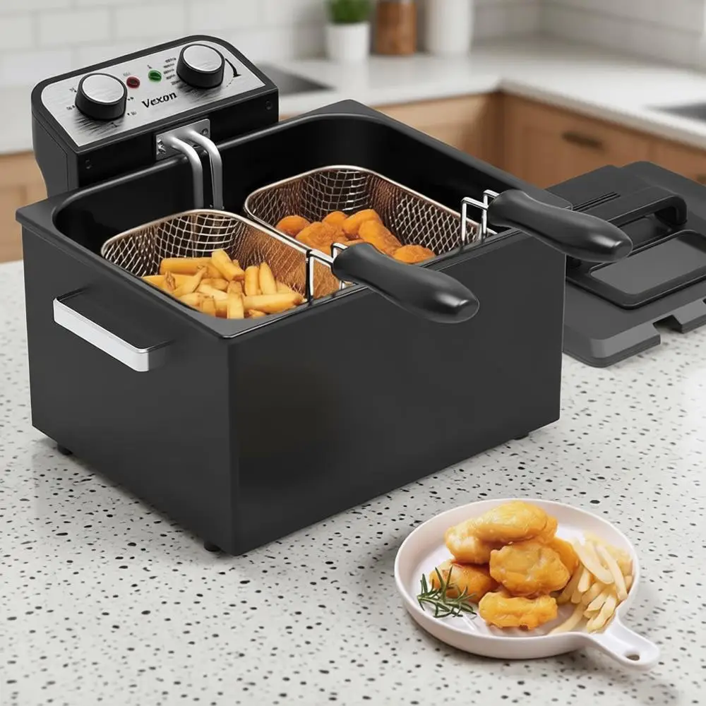 

Электрическая фритюрница 1800 Вт, 5 литров, с 3 корзинами, регулировкой температуры, прозрачной крышкой, настольная, корпус из нержавеющей стали