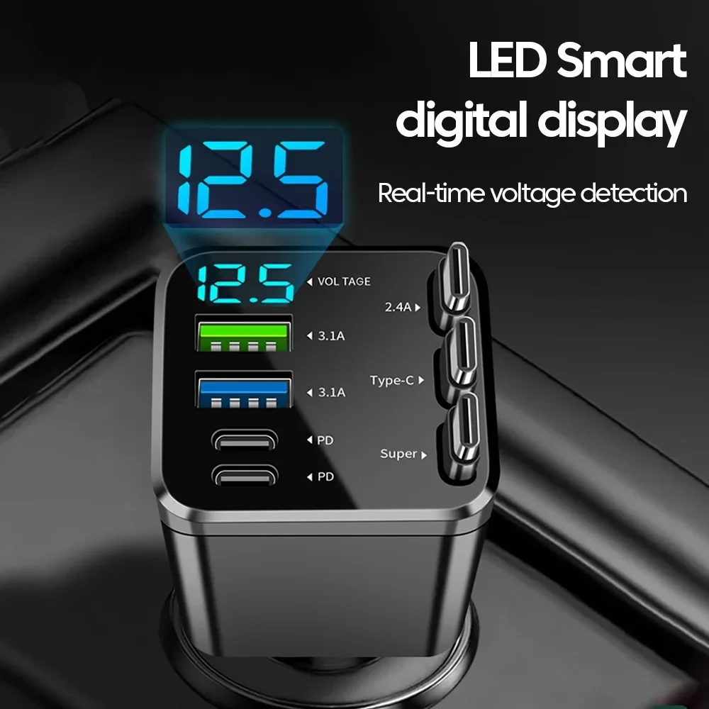 شاحن سيارة 7 في 1 قابل للسحب، شحن سريع، محول طاقة USB من النوع C مع كابل LED قابل للسحب لهاتف iPhone Xiaomi