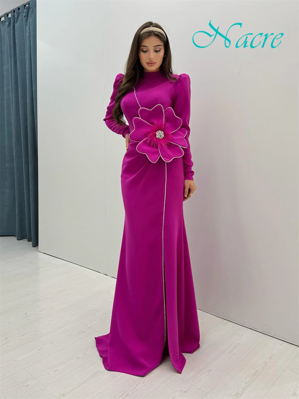 Personalizado requintado vestido de noite de gola alta delicado mangas compridas vestidos de baile luxo varredura trem vestidos de ocasião especial