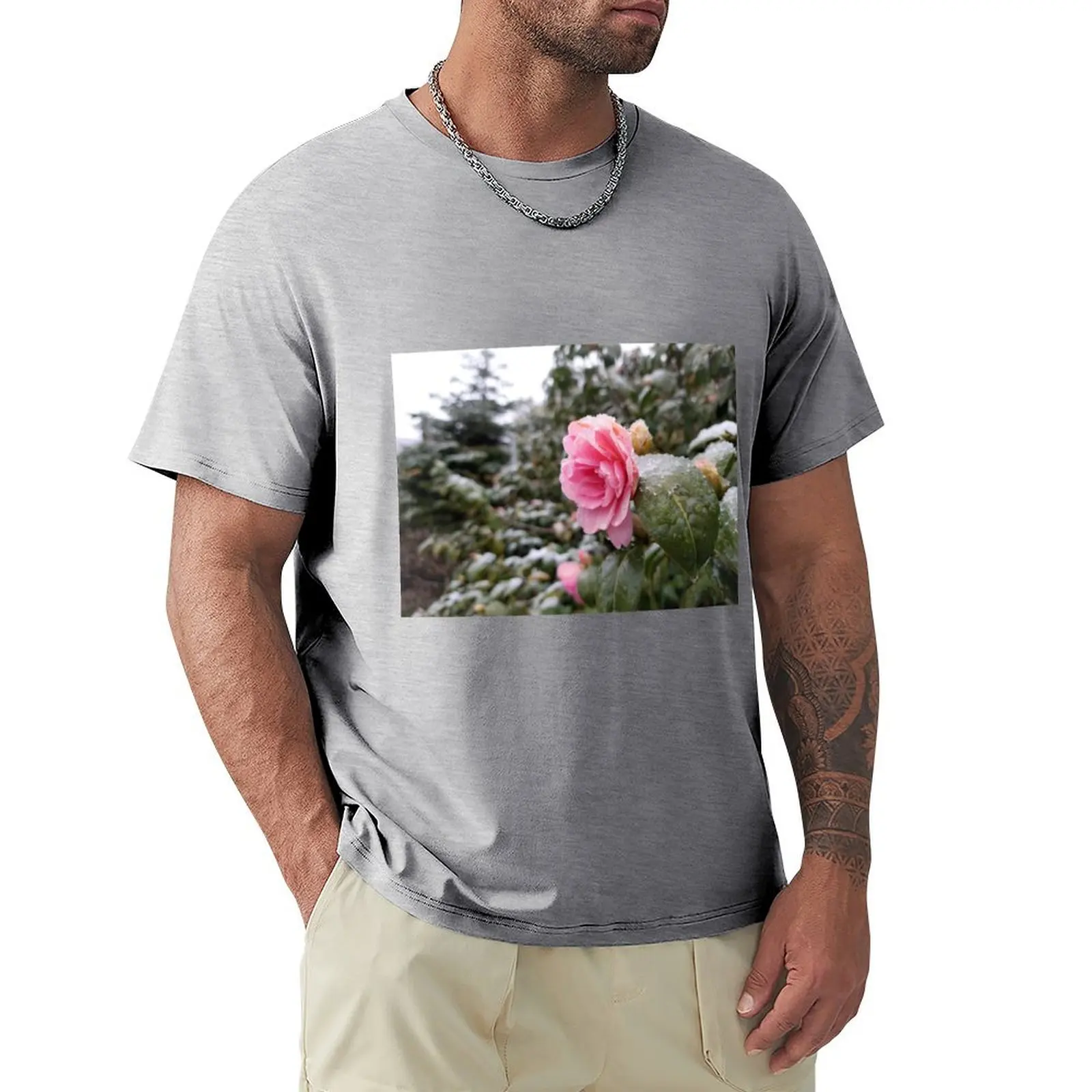 spring snow on a pink flower T-Shirt graphics Aesthetic clothing t shirt men