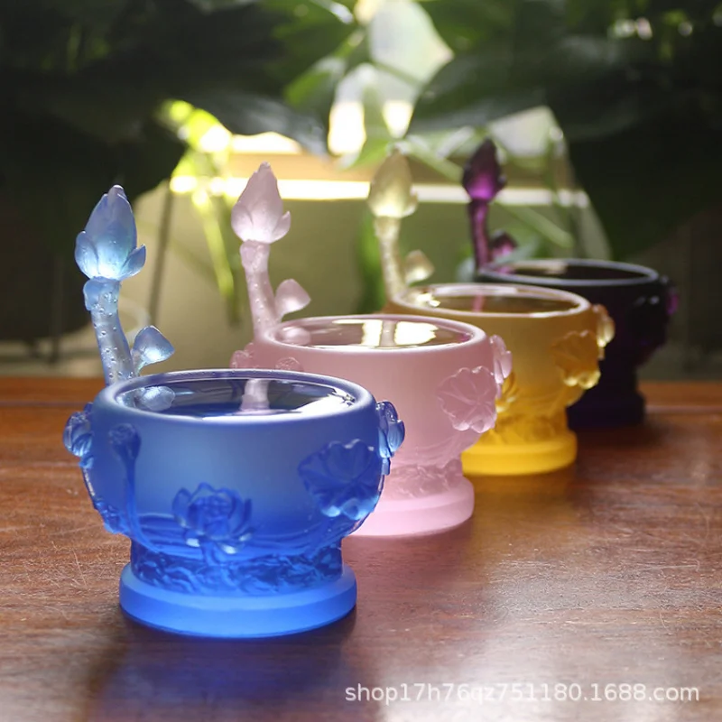 Glass Relief Lotus Candle Holder Eight Colors Available Buddha Offering Supplies Butter Base Lamp Stand