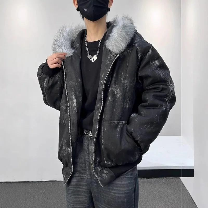 New men's vintage faux leather jacket with an oversized faux fur collar; a thick, warm, zippered winter jacket with a casual
