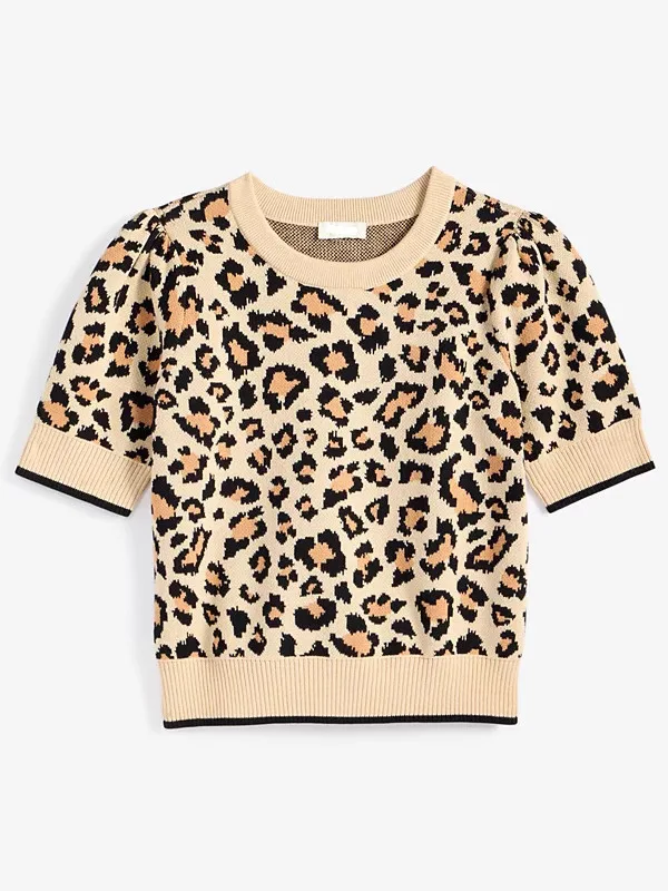 2025年レディース新作 レオパード柄ニットセーター ラウンドネック 半袖 プルオーバー Tシャツ カジュアル ストレッチトップス ファッション Y2Kスタイル