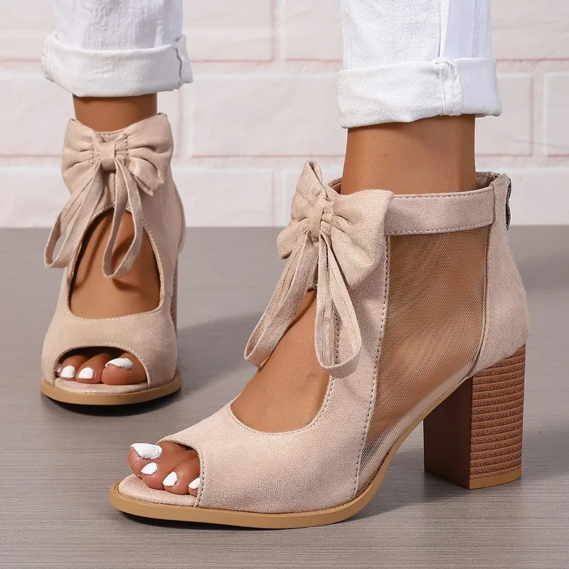 Sandals Women Peep Toe Bowknot Chunky Heeled Sandals Summer Ladies Elegant Butterfly Knot Sandals Back Zipper Fish Mouth Shoes view 4