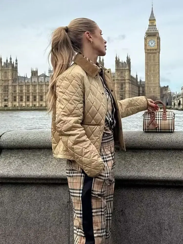 HH المرأة خمر المرقعة معطف مبطن بدوره إلى أسفل طوق كم طويل جاكيتات مع جيوب موضة الخريف الشتاء الدافئة أبلى