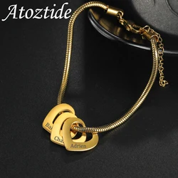 Atoztide Personalized Custom Heart Name Bracelet Stainless Steel For Women Men Engrave Letter Round Snake Chain Jewelry Gift