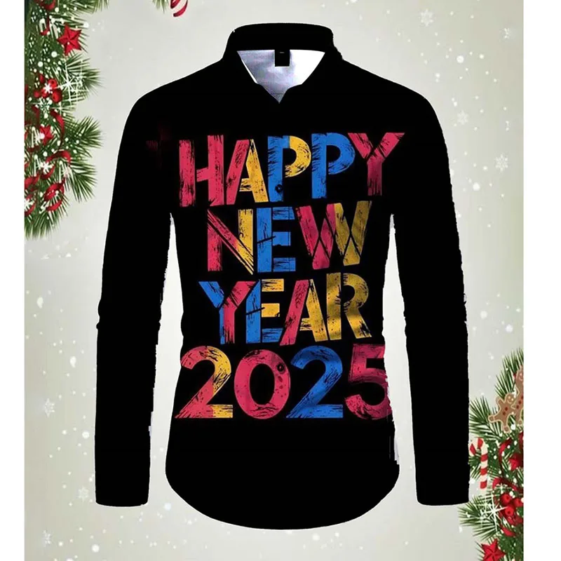 

2025 Happy New Year Shirt 3D Print Graffiti Hip Hop Pattern Long Sleeve Shirts Festival Fashion Fun Trend Best Gift New Blouse