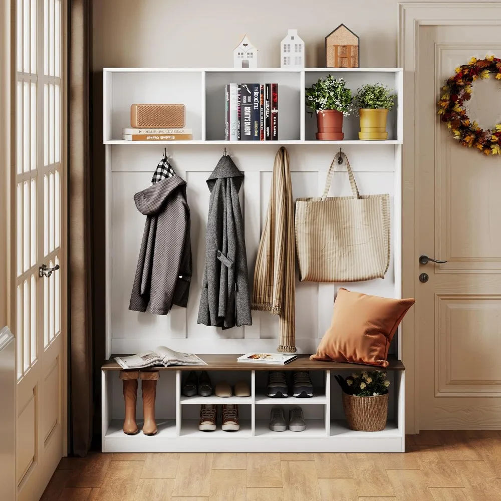 شجرة قاعة خشبية طويلة 75 طويلة على طراز المزرعة مع مقعد ورف معطف ورفوف تخزين للمدخل #6