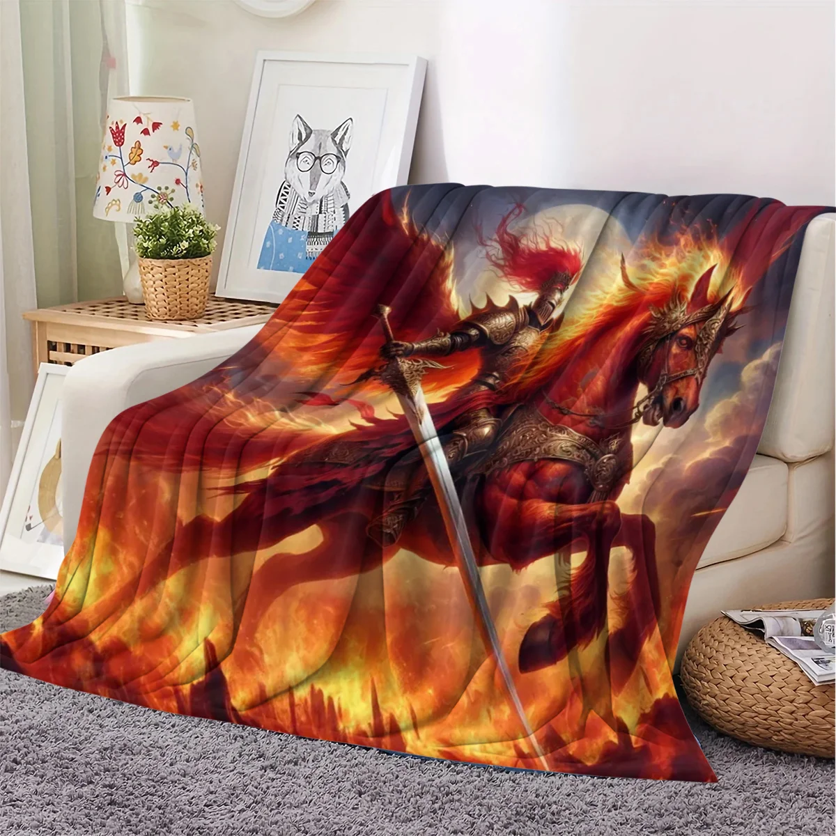A Soft And Warm Fleece Blanket Featuring a Running Warrior And a Fire Horse Pattern, Perfect for Use on The Sofa, for Home Relax